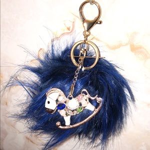 Faux Fur PomPom w/ Rhinestone Rocking Horse Keychain